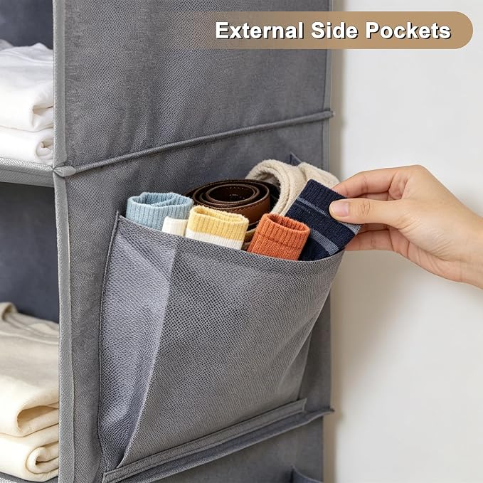 Foldable Hanging Closet Organizer, 4-Shelf Hanging Shelves with Side Pockets, Space Saving Storage for Clothes and Accessories