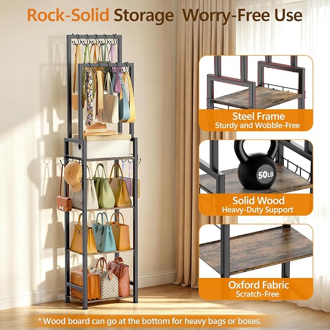 Tall Purse Organizer for Closet: 4-Tier Double Rods Purse Rack Stand,Black | With 10 Purse Hanger & 6 Side Hooks, Visible Backpack Handbag Storage, Space-Saving Narrow Purse Shelf for Small Space, Home