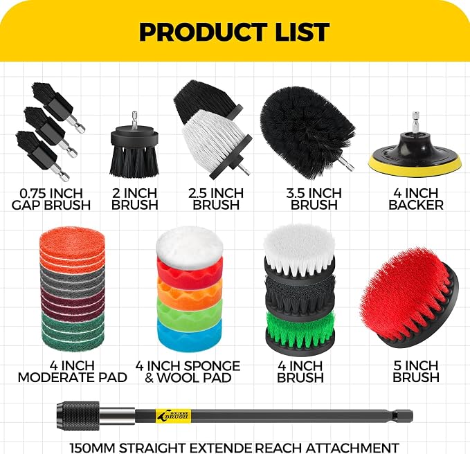 Holikme 30Piece Drill Brush Attachment Set - Power Scrubber Cleaning Kit | Buffing Sponges, Nylon Grout Tools, Tile Bathtub Shower Floors Kitchen Car Interior Detailing, Cleaning Supplies, Black