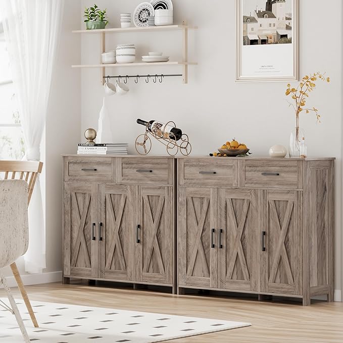 Homhedy Sideboard Buffet Cabinet, Coffee Bar Storage Cabinet with Drawers and Doors, Farmhouse Kitchen Cabinet with Adjustable Shelves, for Kitchen, Dining Room, Living Room, Greige