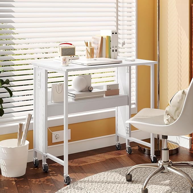 CHOEZON Folding Desk with Power Outlets, 31.5" Rolling Computer Table with Wheels, Portable Office Desk with Storage Shelf for Small Spaces White TDN01UWB
