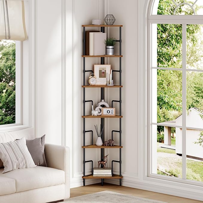 MAHANCRIS 6-Tier Corner Shelf, 65" Tall Corner Bookshelf with Metal Frame, Narrow Display Shelf Stand, Industrial Corner Bookcase for Living Room, Bedroom, Home Office, Rustic Brown CSHR6601