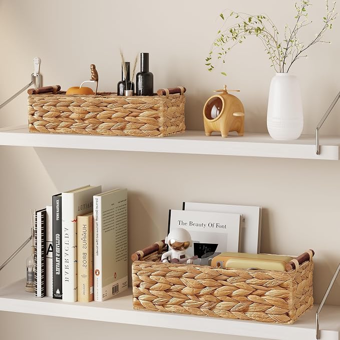 Vagusicc Wicker Storage Basket, Set of 2 Hand-Woven Water Hyacinth Wicker Basket for Organizing with Handle Decorative Storage Bins for Counter Pantry Shelves Toilet Paper Basket for Toilet Tank Top