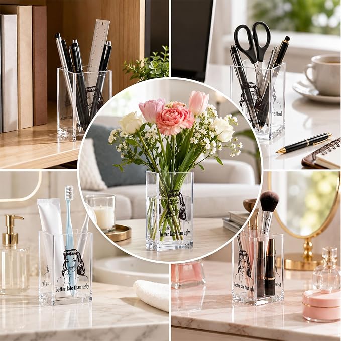 Acrylic Pen Holder Cup, Vintage Newspaper Style Desk Decor, “Better Late Than Ugly” Pencil Holder Organizer, Black and White Aesthetic Office Accessories, Gift for Women