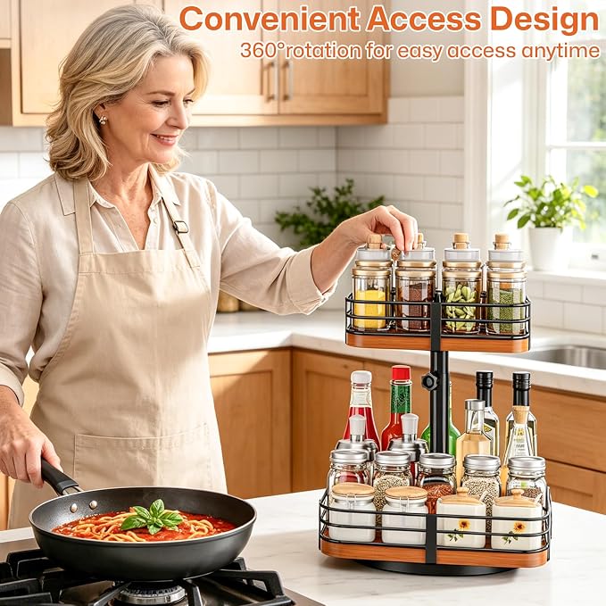 12 Inch Square Lazy Susan Organizer, 2 Tier Adjustable Wood Rack | Removable Divider Rack, 360° Rotating, Adjustable Height, For Pantry, Cabinet, Bathroom & Dining Table