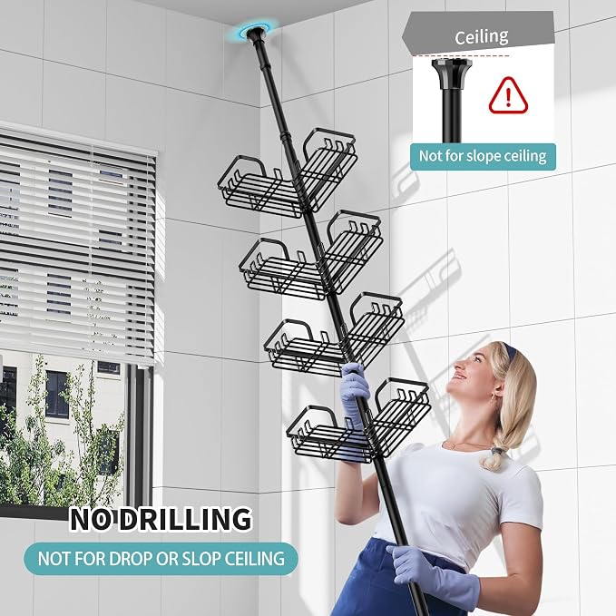 KEGII Corner Shower Caddy Tension Pole, Stainless Steel Shower Organizer | 32 Hooks & 2-in-1 Soap Holders, Adjustable 25–114.2 Inch, Rustproof Bathroom Storage Rack for Families and Renters, Black