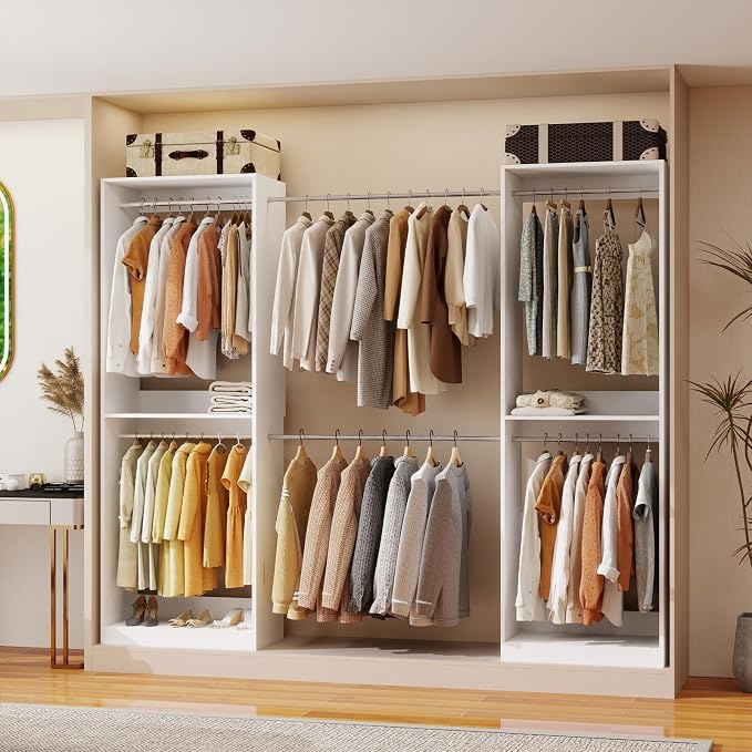 Closet System 4FT-10.5FT, 6 Rods, 81" Tall, Modular | 2 Sets Wooden Closet Organizer System with 6 Expandable Rods, Double-Hang Design & Anti-Tip Baseboard Notch
