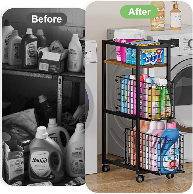 Hongtamoya 3 Tier Laundry Room Cart with Pull-Out Baskets, Utility Slim Storage Cart with Wheels Small Rolling Cart with Wood Top Metal Narrow Bathroom Laundry Room Organization Trolley, Black
