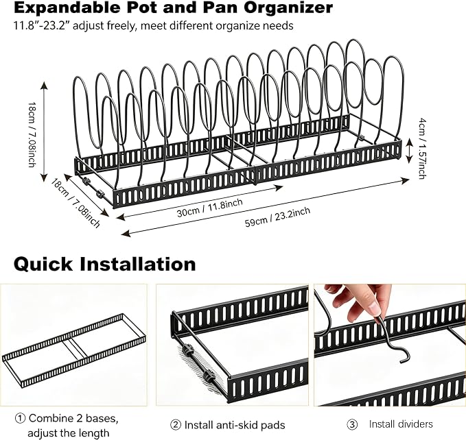Expandable Pot and Pan Organizer for Cabinet, 14 Adjustable Dividers, Versatile Pan Holder Storage Rack, Extends from 12'' to 23'', Fits Cabinets, Countertops, or under Sink, Black, Iron