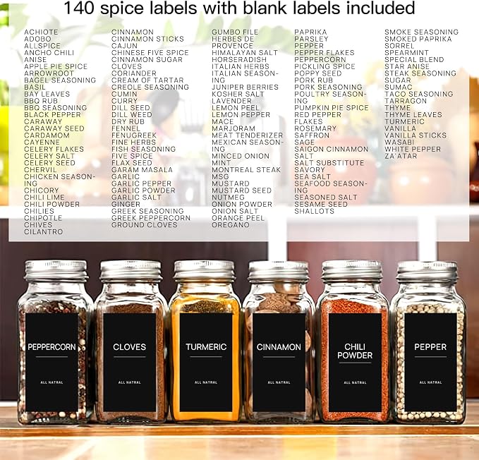 HVSWLY 140PCS Spice Labels for Spice Jars, Black Minimalist Preprinted Spice Jar Labels,Waterproof Oil Resistant Label Stickers for Kitchen Pantry Seasoning Containers