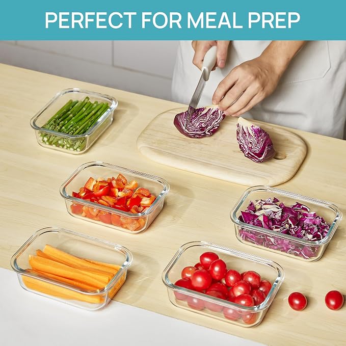 Vtopmart 5Pack 22oz Glass Storage Containers with Lids, Glass Meal Prep Food Container Sets with Snap Airtight Lid for Microwave, Oven, Freezer and Dishwasher, Multicolour