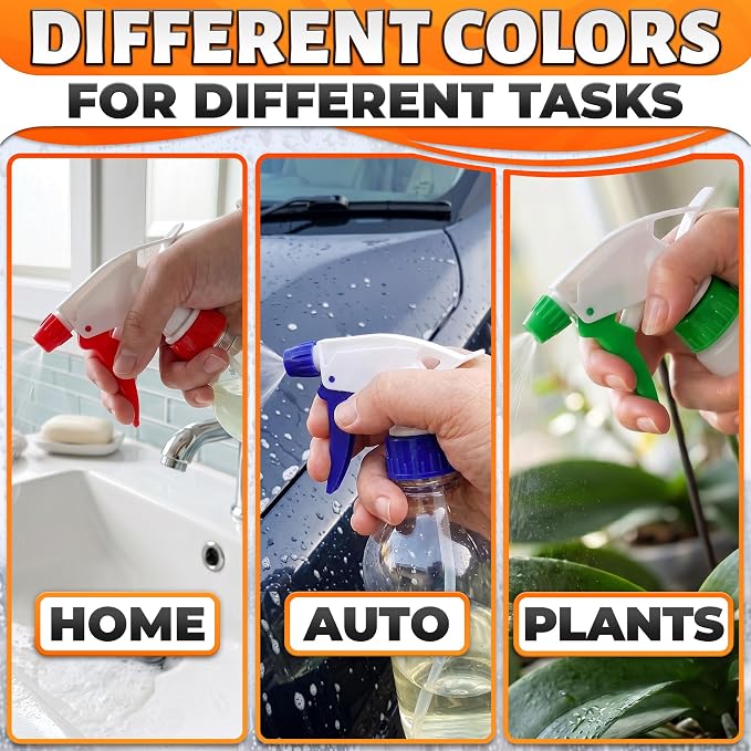 Spray Bottle Nozzle Replacement, 6 Pcs, 8-32oz Bottles (Multicolor) | Replacement Trigger Sprayer Heads for Bottles; Fits 28-400 Thread, Trim-to-Fit Tube; for Cleaning, Garden & Pet Carefor