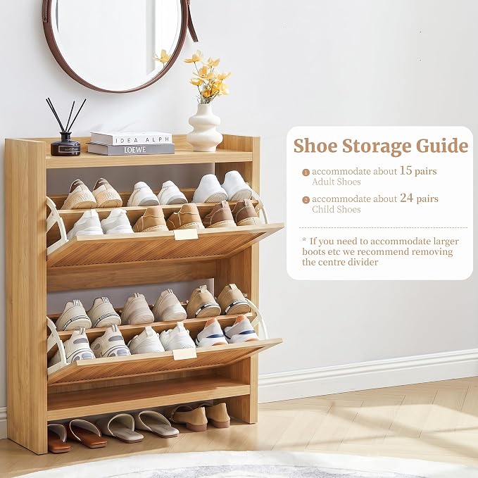 Fluted Shoe Storage Cabinet for Entryway, Farmhouse Narrow Shoe Organizer for Entryway with 2 Flip Drawers, Shoe Dresser for Hallway, Living Room (Natural)