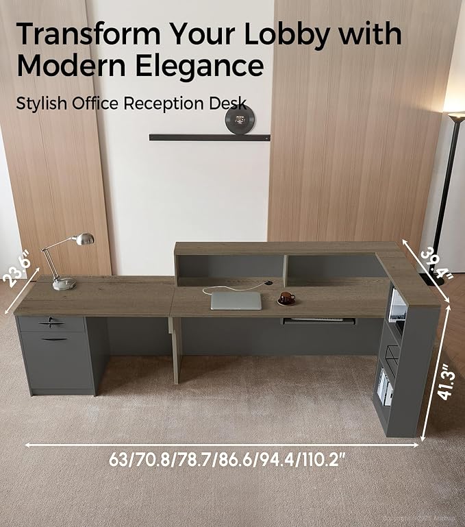Modern L-Shaped Reception Desk with Counter - 79 Inches Front Desk with Storage Cabinet, Open Shelves, Lockable Drawer & Keyboard Tray for Office, Lobby, Checkout (Tobacco Wood & Iron Gray - Right)