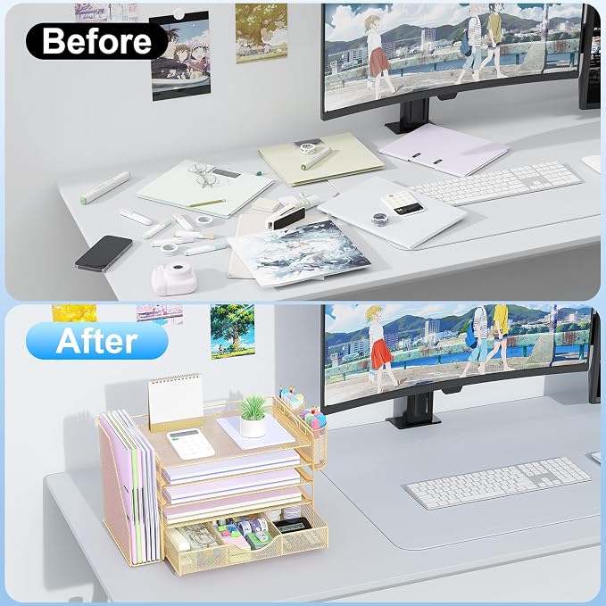 gianotter 5-Tier Desk Organizer with Drawers, File Holders, Letter Trays and Pen Holders - Workspace Accessories for Office Supplies (Gold)