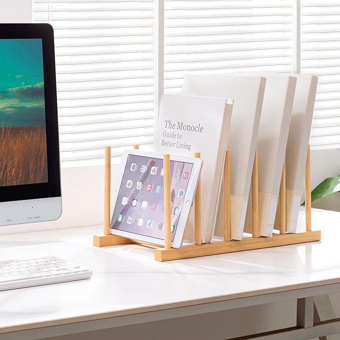 HBlife Desk File Organizer 5 Section Upright File Sorter, 2 Pack Bamboo File Holder for Home, Office & School
