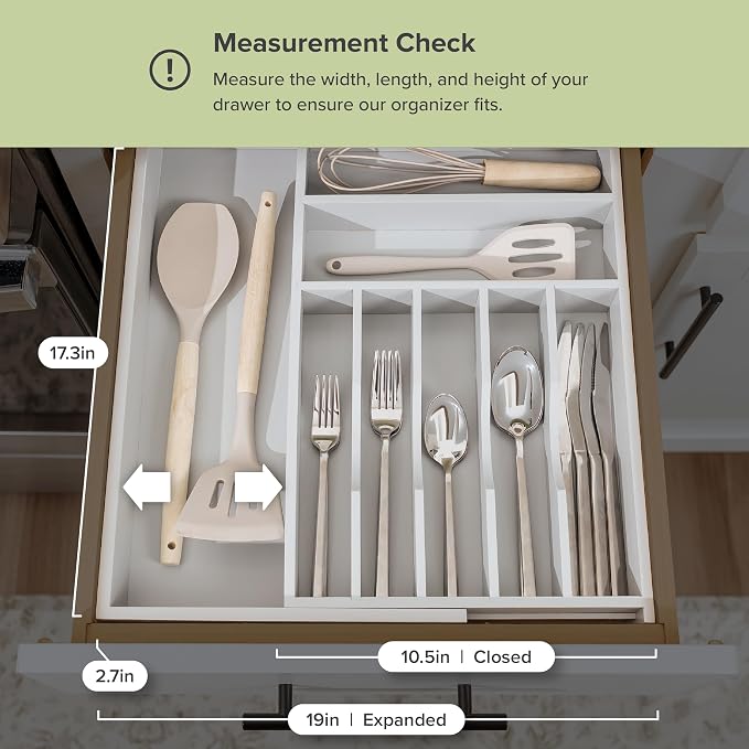 KitchenEdge Premium Silverware, Flatware and Utensil Organizer for Kitchen Drawers, Food-Safe Contract Grade, Expandable from 10.5 to 19 In, Gray Bamboo