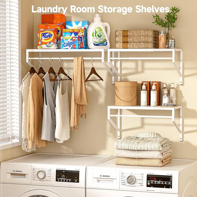 ThreeHio Expandable Closet Shelves Wall Mounted, 3 Pack Closet Shelving with Hanging Rods, Wall Shelving for Walk-in Closet, Hanging Shelves Organizer and Storage for Closet, Laundry