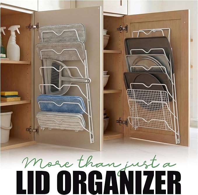 Evelots 6-Tier Pot Lid Organizer for Cabinet Door or Pantry Wall, Set of 2, 6-Slot Pot & Pan Lid Holder Racks, Cabinet & Wall Mounted Kitchen Storage for Glass & Metal Lids, White