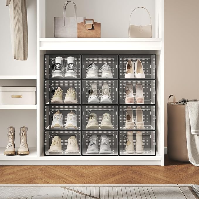 DUMOS Shoe Storage Boxes, 12-Pack Stackable Clear Shoe Containers with Lids, Display Sneaker Case Organizer for Closet, Under Bed, Entryway,Black, Fit Size 9