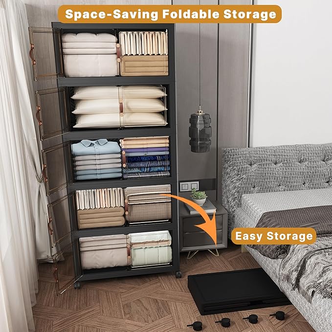 UAMFURI Extra Large Stackable Storage Bins with Lids & Wheels, Foldable Collapsible Closet Organizers Dark Storage Cabinet with Doors for Bedroom Dorm