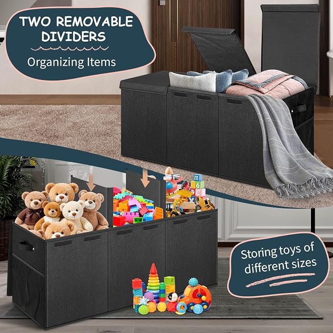 Extra Large Toy Box with Lids, Collapsible Storage Bin, 38"x16"x14",Black | Sturdy Chest Basket with Dividers for Boys & Girls, Bedroom Nursery Playroom Organization