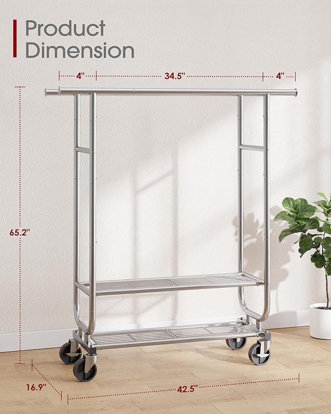Sakugi Double-Rod Garment Rack 2-Tier 42.5x16.9x65.2 Silver with Wheels | Bedroom, Closet, Laundry Room, Heavy Duty, Stainless Steel