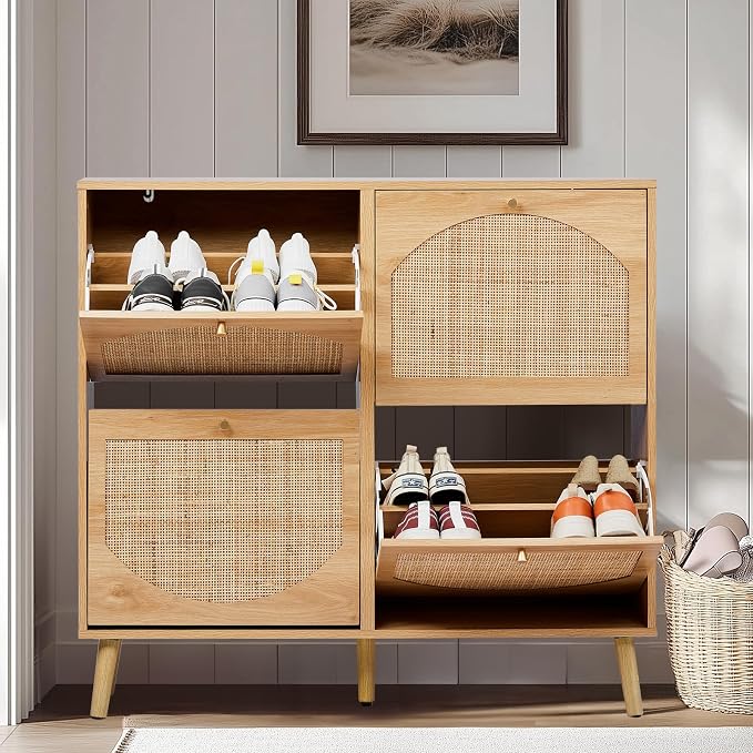 Karl home Natural Rattan Shoe Cabinet with 4 Flip Drawers Entryway Storage | Freestanding Hidden Shoe Organizer Cupboard, Rattan Storage for Entryway, Hallway, Living Room