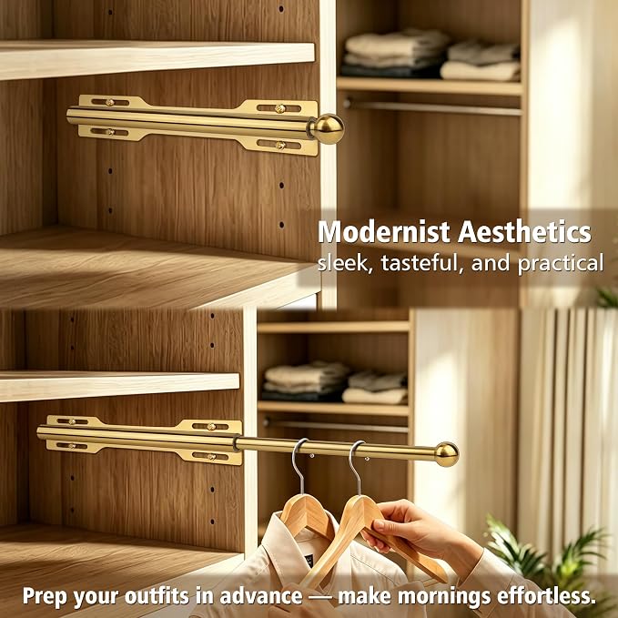 Valet Rod for Closet Pull Out, 12" Adjustable extending closet rod, Standard Retractable closet rod organization rack, Valet Clothing Hanger Rods Extender for Wardrobe Laundry Bathroom (Brushed Gold)