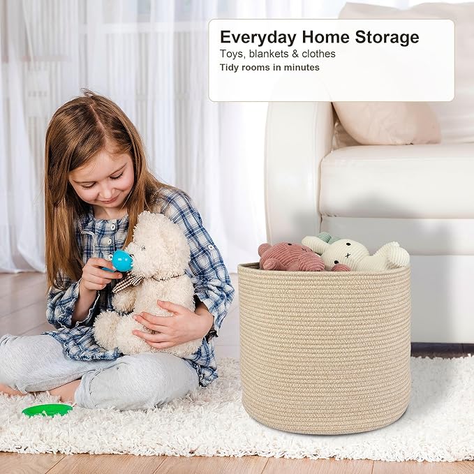 XUANGUO Cotton Rope Woven Basket, 16x14 in Kids Laundry Basket, oatmeal | Round blanket basket and small laundry basket; baby hamper or nursery storage bin for girls, boys, toys, clothes and shoes