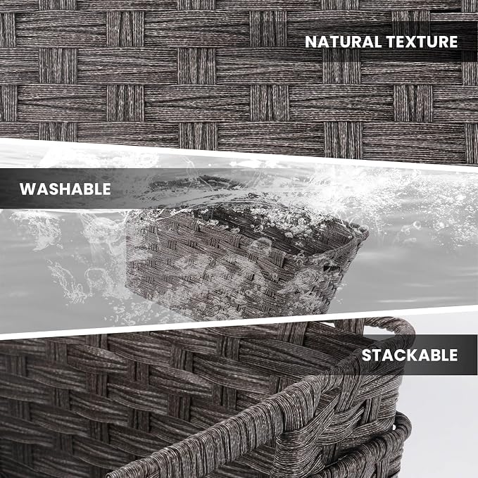 2-Pack Plastic Wicker Storage Baskets for Bathroom, 12"x12"x6", Dark Grey | Versatile woven storage bins for shelves, toilet paper, closet, and home organizing – stackable, durable.