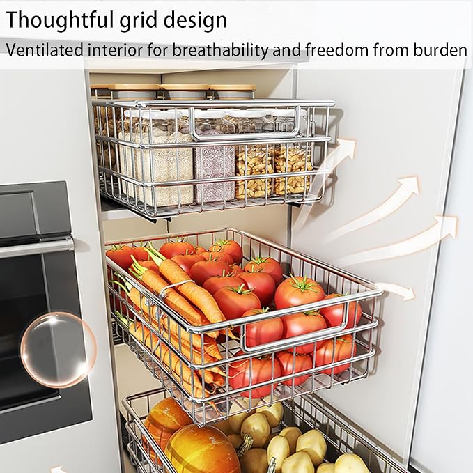 2 Pack Wire Kitchen Storage Basket Pull Out Cabinet Organizer, Perfect Pantry Organization Accessories Baskets for Kitchen, Bathroom, Bedroom