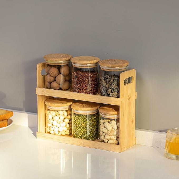 Basicwise Versatile 2-Tier Bamboo Spice Rack and Pantry Organizer with 6 Glass Jars – Perfect for Countertop Storage in Kitchens to Keep Seasoning Containers Neatly Displayed and Easily Accessible