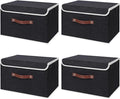 ANMINY 4PCS Storage Bin with Lid Storage Boxes with PU Leather Handles PP Plastic Board Decorative Foldable Lidded Cotton Linen Fabric Home Cubes Baskets Closet Organizer Container - Black, Medium