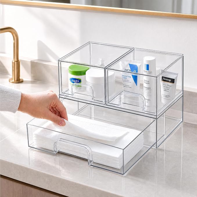 TIPGO Clear Stackable Storage Drawers, Acrylic Bathroom Makeup Organizer, Plastic Bins for Art Tool & Sketch, Durable Containers for Countertop, Cabinet, Vanity, Medicine Organization
