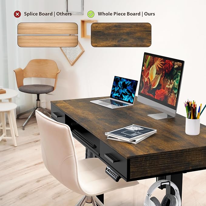 SHW 48-Inch Electric Height Adjustable Desk w/Keyboard Tray, Rustic Brown | w/ 2 Drawers | Memory Presets and Cable Management | Hanging Hooks