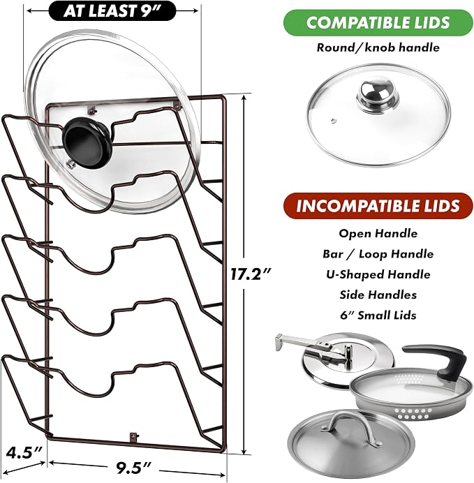 Simple Houseware Wall Door Mounted Pot Lid Rack Organizer, Bronze Finish | 9.5" W x 4.5" D x 17.2" H Shelf