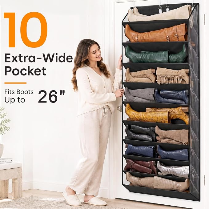 UVIAHOMI 30-40 Pairs Over the Door Shoe Organizer, Clear Pockets Hanging Shoe Storage for Closet, 10-Tier Door Shoes Rack, Handing Shoes Holder Fit All the Family's Sneakers, Boots, Heels, Black