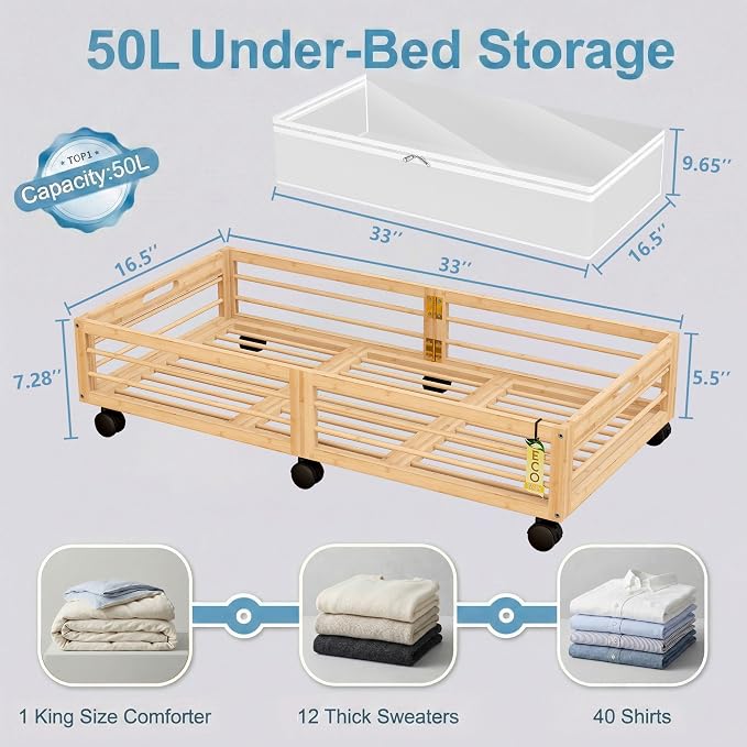 Underbed Storage with Wheels, 2 Pack Bamboo Containers for Shoes & Clothes | Dustproof bags protect contents. Stackable frames save space. 360° wheels provide smooth access to clothes, bedding and toys