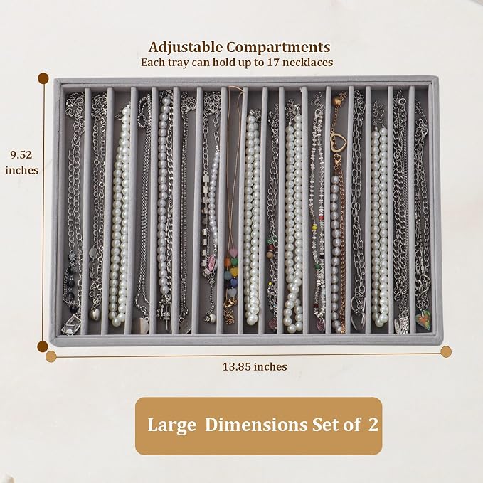 Large Stackable Jewelry Tray 4 Pack Velvet Jewelry Display Drawer Inserts Trays Organizer for Earring Bracelet Necklace Ring (Gray, 17 Grids)