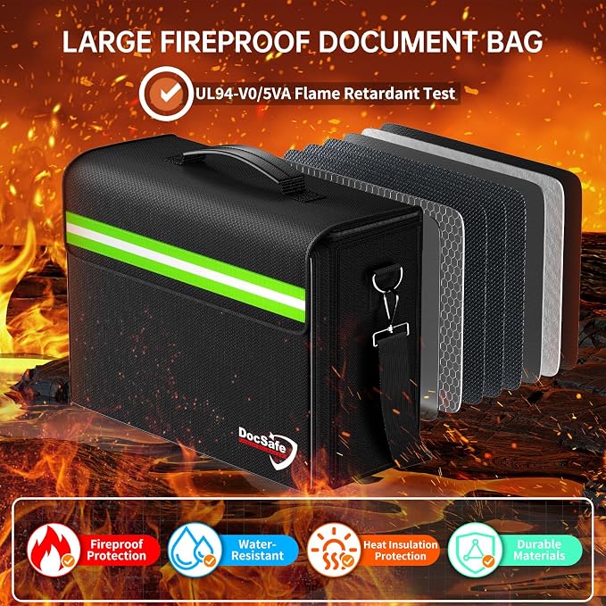 DocSafe 5200°F Large Fireproof＆Wate-Resistant Document Bag with Multiple Pockets,(17”x12.5”x7.2”) File Storage Organizer Important Document Holder