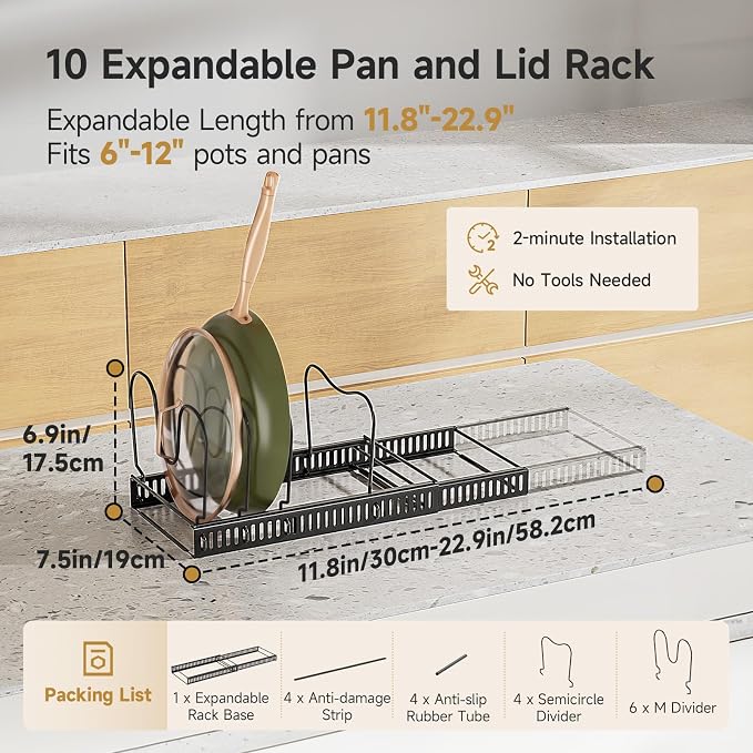 MUDEELA Pot Lids Organizer Rack for Cabinet, Expandable 11.81" to 22.85" Pot and Pan Organizer Holder with 10 Adjustable Dividers, Baking Cookie Sheet Bakeware Cutting Board Kitchen Storage Organizer