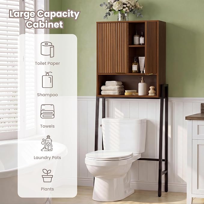 25" W Over The Toilet Storage Cabinet with Fluted Door,Bathroom Organizers and Storage with Adjustable Shelves, Modern Over Toilet Organizer for Bathroom,Restroom,Laundry,Walnut