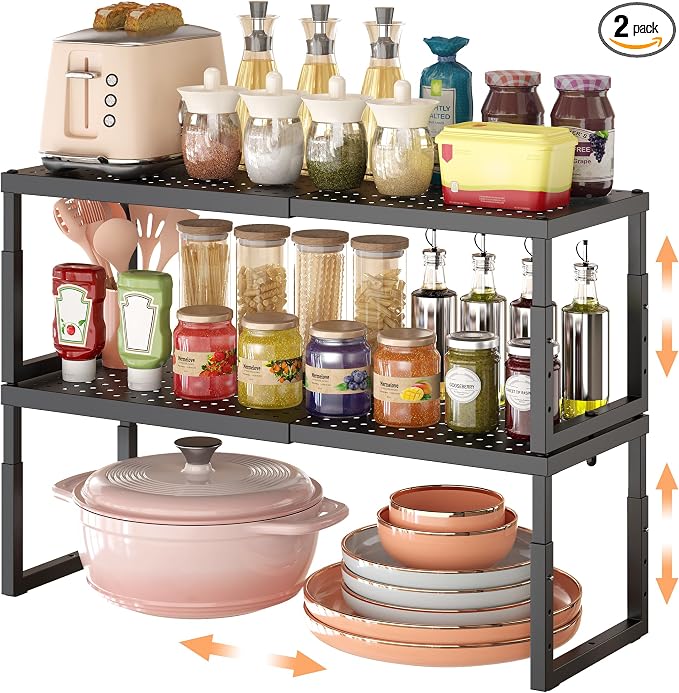 RUILALIFE Expandable-Stackable-Shelf-Organizer-For-Cabinet Pantry Closet,Kitchen Counter Shelf With Adjustable Height, Metal Storage Shelf Riser Spice Rack For Cupboard Countertop