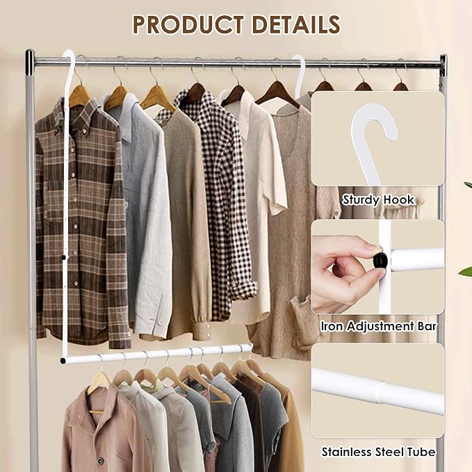 Hanging Closet Rod, Hanging Clothes Organizer, Adjustable, 1 Pack | Metal, White, Heavy Duty, Space-Saving