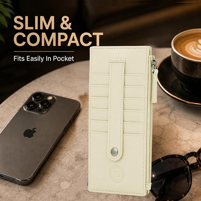 Leatherboss Genuine Leather Women's All in One Credit Business Card Case Holder Slim Zipper Wallet With a Card Protection Strap, Cream