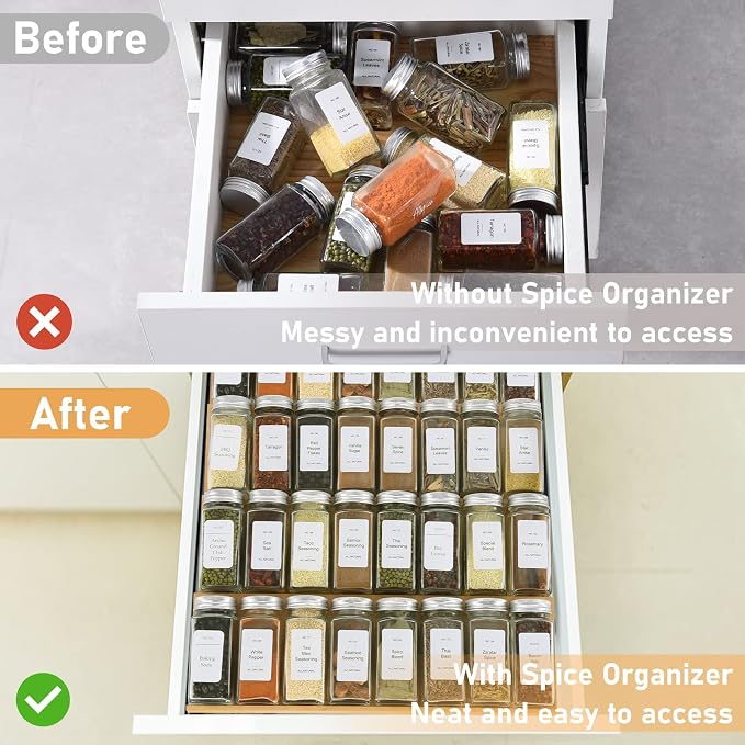 Spice Drawer Organizer with 28 Spice Jars and 216 Labels,Non-slip Rubber, Bamboo 4 Tier Spice Racks Tray Seasoning Containers for Kitchen Drawers,Cabinets,Countertops,13" Wide * 15.8" Deep