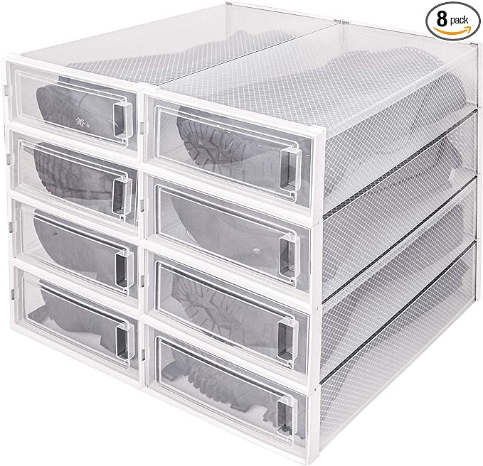 DHMAKER 8 Pack Boot Storage Box, Stackable Clear Plastic Boot Shoe Organizer for Tall Boots, Closet, Drop Front Boot Organizer, Large Shoe Container Boot Storage with Lid, 20.5" x 11.8" x 5.5"
