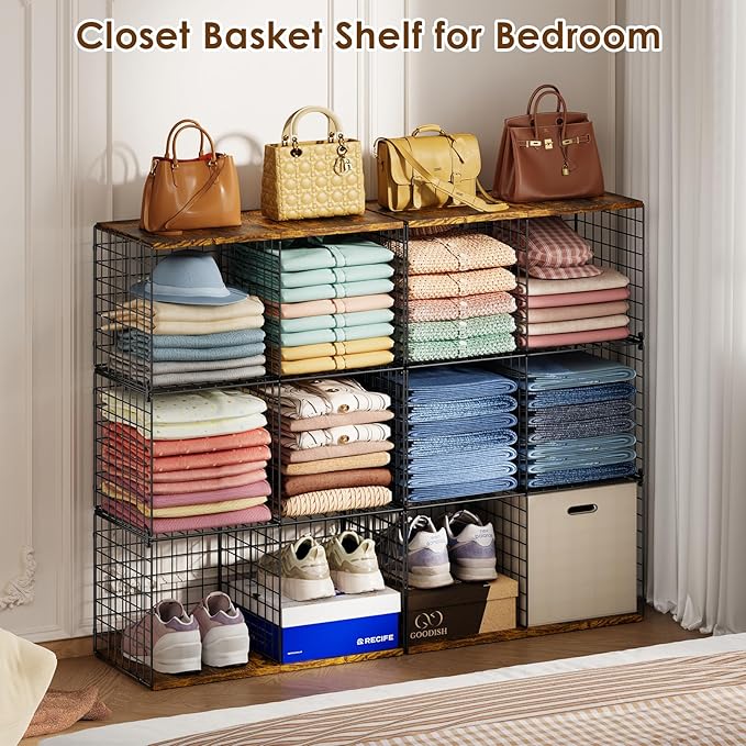 Free-standing Sturdy Tall 6-Cube Closet Organizer Storage Wire Basket Shelf with Wood Top for Wardrobe Bedroom Closet, Stackable Space-saving Clothing Shelves for Clothes, Sweaters, Pants, Handbags