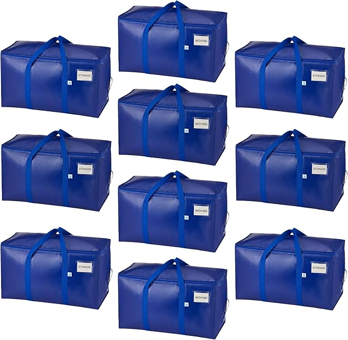 VENO 10 Pack Heavy Duty Moving Bags, 90L Extra Large Packing Storage Totes, 50lbs Load, Reinforced Handles, Zippers & Tag, for College Dorm Essentials, Clothes, Bedding (Blue)
